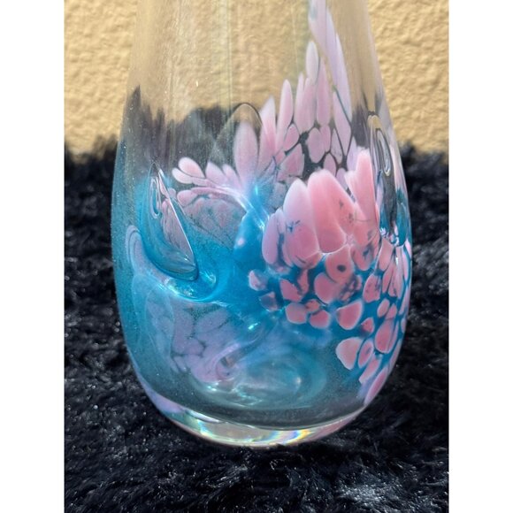 Hand-Blown Glass Vase With Pink & Blue Floral Design Unique Signed - Picture 7 of 10